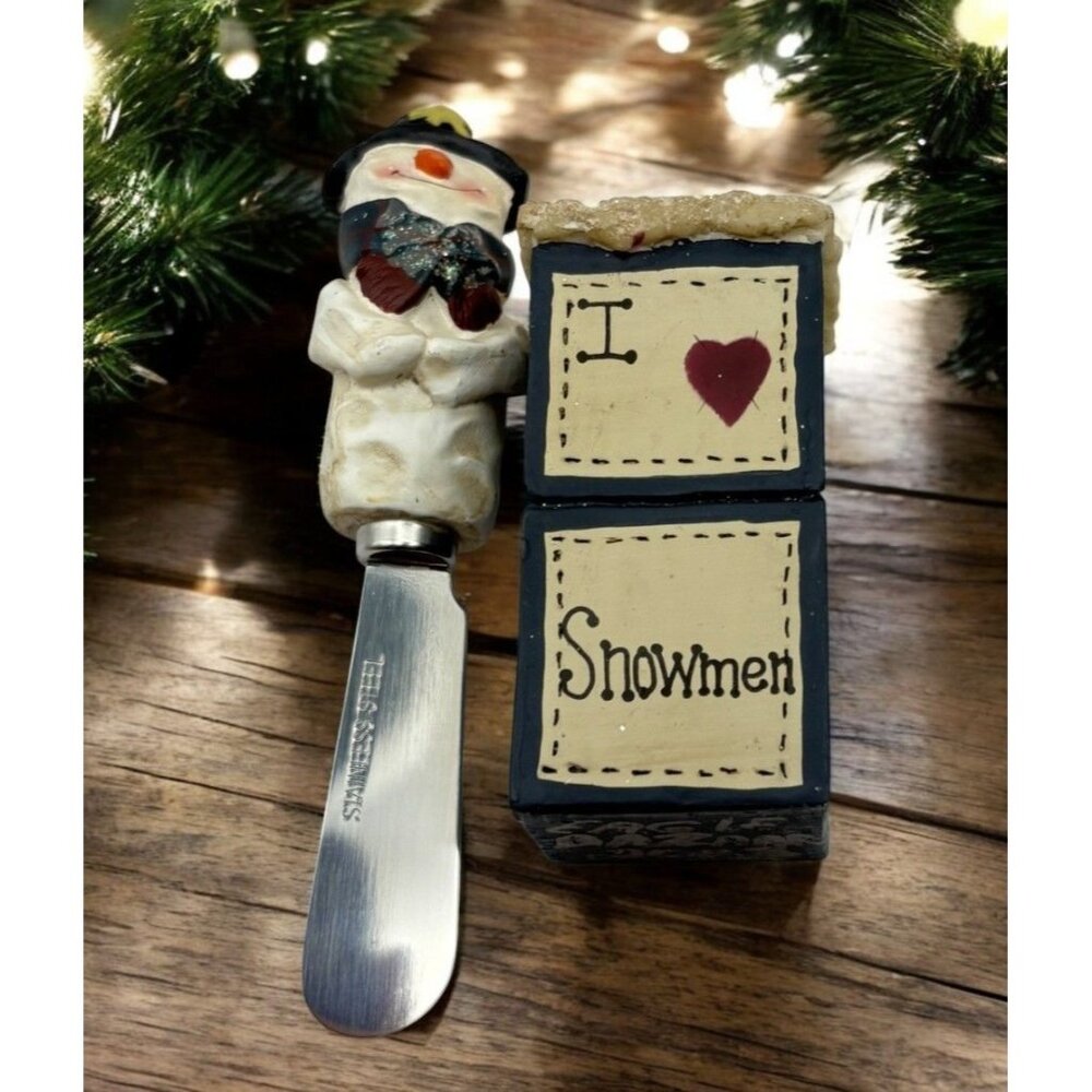Vintage Snowman Themed Cheese Spreader With Holder Rustic Christmas Decor